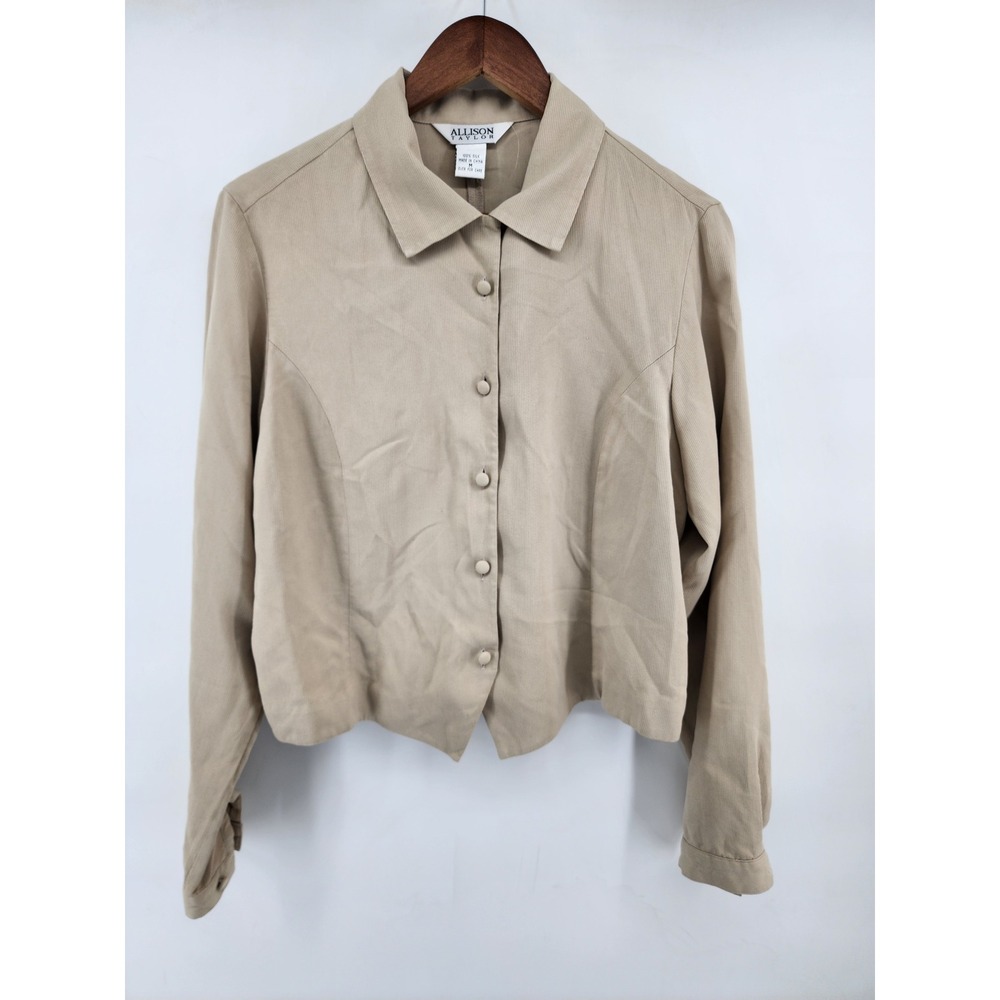 Allison Taylor Beige 100% Silk Button Front Long Sleeve Blouse Size M